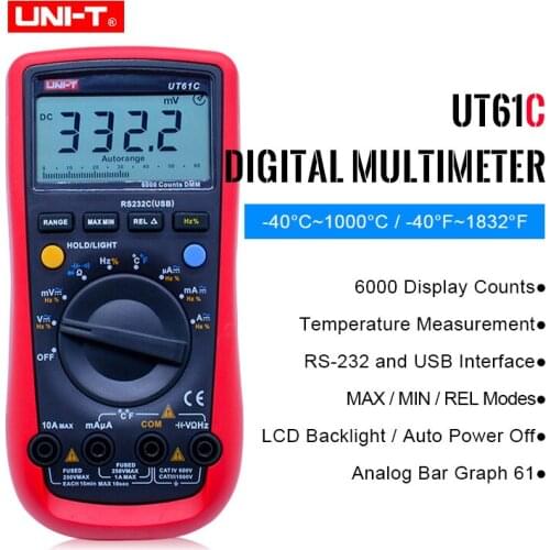 UNI-T UT61C High Reliability Modern Digital Multimeter True RMS AC DC Meter LCD Backlight & 6000 Counts Temperature Meter