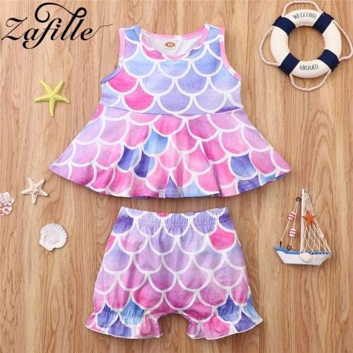 ZAFILLE Toddler Kids Baby Girl Clothes Set Purple Mermaid Fish Scales Vest+Pants 2pcs Summer Girl Sets Children Costume