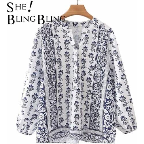 SheBlingBling Za Women Chic Print Summer Autumn Three Quarter Sleeve Button V Neck Casual Loose Blouses Slit Side Female Tops