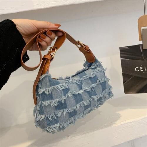 2021 Brand New Women Denim Shoulder Bag Classic Handbag Distressed Jean Clutch with Long Strap Fashion Baguette Bag