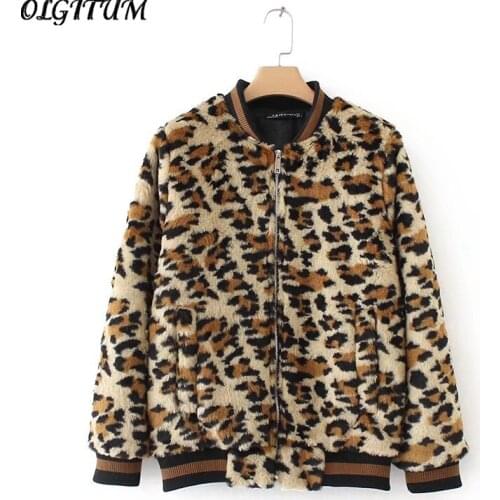 2019 Autumn new European style fashion trend jacket Leopard fake fur stitching coat loose zipper pocket jacket outwear women