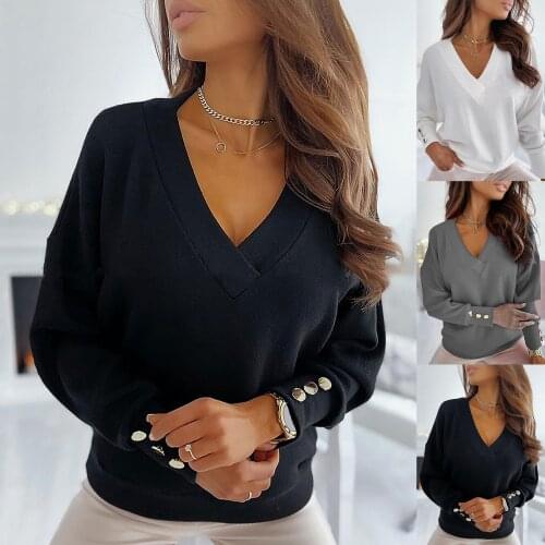 Shirt For Women Solid Long Sleeve Button Up Shirt Deep V Neck Tops Blouse 2021 Autumn Spring Fashion Loose Casual Basic Pullover