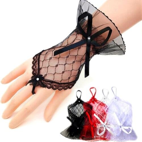 Women Short Arm Sleeves Lace Wrist Cuffs Bracelets Solid Color Gloves Ladies Bow Sleeves Net Yarn Lace Gloves Accessories