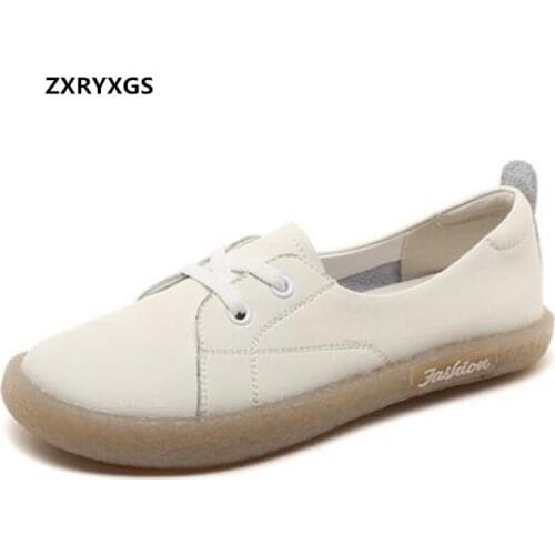 2021 New Spring Lace -Up Genuine Leather Shoes All-Match Casual Sneakers Flat Shoes Soft Sole Comfortable Non-slip Women Flats