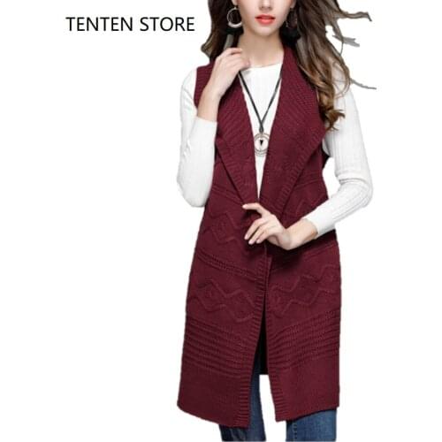 Fall 2019 long sweater vest womens sleeveless v neck knitted cardigan with belt in solid color casual basic gilet tops