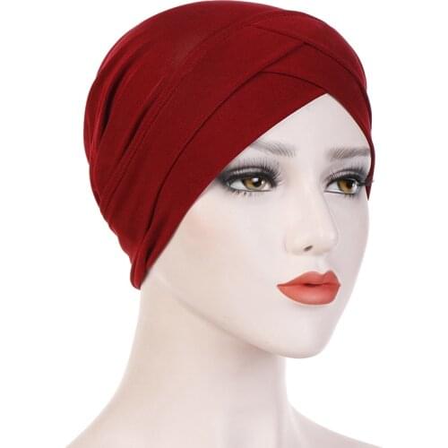 Women Stretchy Turban Hat Cross Head Wrap Cotton Cap Solid Soft Headscarf New Arrival Fashion Muslim Scarf High Quality