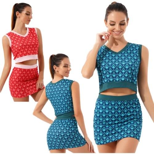 Summer Fashion Women Pole Dance Casual Plaid Fit Two-Piece Set Outfits Stage Clubwear V Neck Sleeveless Crop Top with Mini Skirt