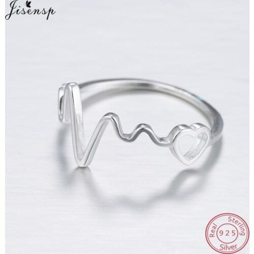 Jisensp 100% 925 Silver Trendy Heartbeat Electrocardiogram Wedding Rings for Woman Simple ECG Love Heart Ring bague femme
