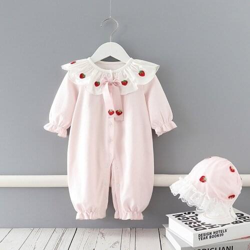 2021 Baby Clothes Spring and Autumn New Pink Romper Girl Baby Cotton Long-Sleeved Cute Strawberry Climbing Romper + Hat