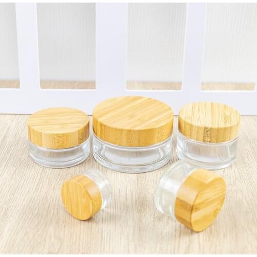 5ml 15ml 30ml 50ml 100ml Clear Vitreous Bamboo Wood Solid Cap Cream Bottle Glass Empty Vials 6Pcs Cosmetics Jewelry Packaging