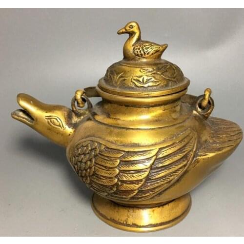 5“Old China antique mark brass Qing Dynasty Duck Handle Teapot