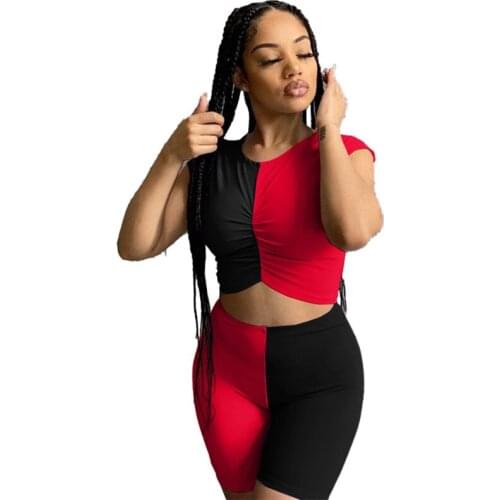 Color Patchwork Short Two Piece Set Summer Clothes Bodycon Women Tracksuit Set Sportwear Ruched Crop Top and Biker Shorts Set