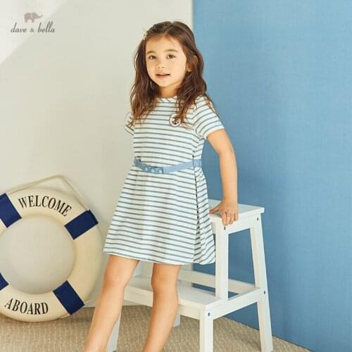 DKH17013 dave bella summer girls 5Y-13Y fashion cartoon bow print draped dress children sweet dress kids infant lolita clothes