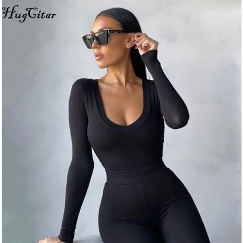 Hugcitar 2021 Long Sleeve Solid O-Neck Skinny Bodycon Bodysuit Spring Summer Women Fashion Streetwear Lounge Wear Romper