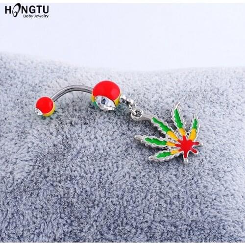 HONGTU 1PC Leaf Navel Ring Bar Barbell Drop Dangle Body Piercing Surgical Nombril Ombligo Belly Button Rings Women Body Jewelry