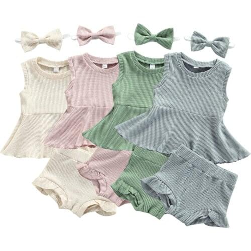 3Pcs Baby Girls Outfit, Summer Solid Color Sleeveless Round Collar Wide Hem Tops + Stringy Selvedge Shorts + Bow Headwear Set