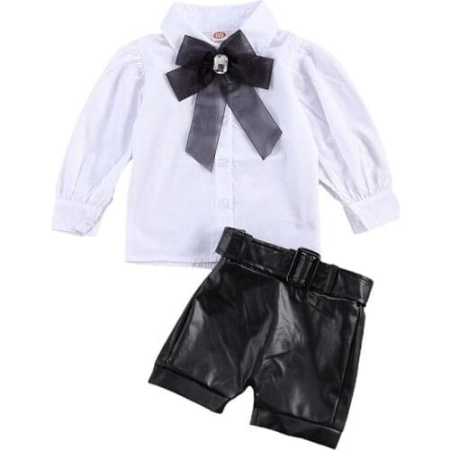 1-6Y Baby Girls Clothes Sets Fashion Infant Kids Girls Fall Bowknot Collar Long Sleeve Single Breasted Shirts PU Leather Shorts