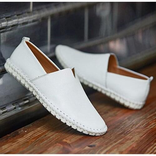 New Genuine Leather Men Casual Flat Shoes Spring Fashion Boat Shoes Black/Brown Mens Flats Slip-On Men Loafers Plus Size 38-48