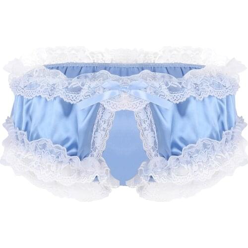 Mens Lingerie Sissy Gay Panties Shiny Soft Satin Fabric Ruffled Lace Underwear Super Frilly Ruffled Crotchless Briefs Underpants