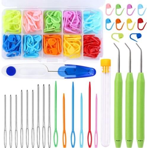 LMDZ Knitting Needle Set Bent Tip Tapestry Needle Large Eye Blunt Needle and Sewing Safety Scissor Locking Stitch Marker Tool