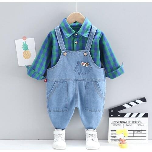 Fall Outfits for Kids Boys Clothing Clothes Korean Plaid Long Sleeved Shirts Tops + Overalls 2PCS Childrens Bebes Jogging Suits
