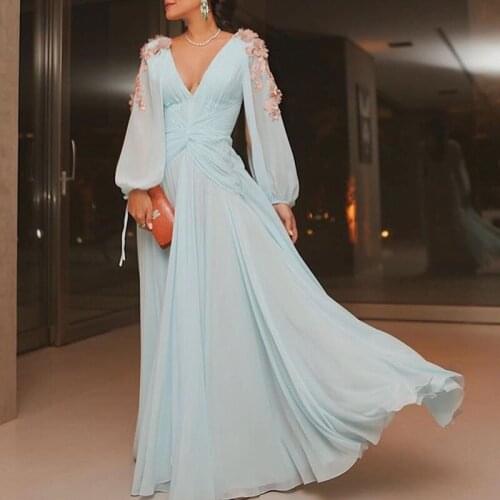Saudi Arabia Light Blue Evening Dresses Long Sleeves Chiffon V Neck A Line Muslim Prom Dresses Abendkleider Vestidos De Festa