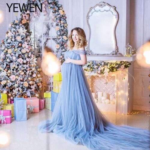Dusty Blue Evening Dress Long Maternity Gown Photo Shooting Baby Shower Dresses Photography Props YEWEN 2021
