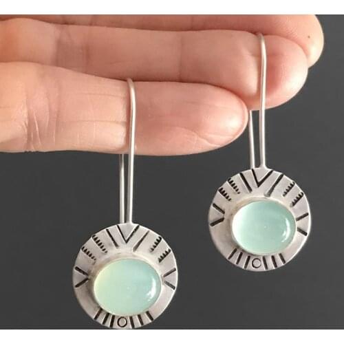 2020 New Boho Green Stone Dangle Earrings for Women Girl Fashion Silver Color Metal Round Lotus Leaf Earrings