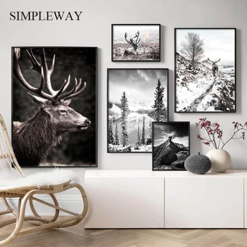 Scandinavian Nature Winter Landscape Poster Print Mountain Forest Canvas Painting Deer Wall Art Picture Nordic Style Home Decor