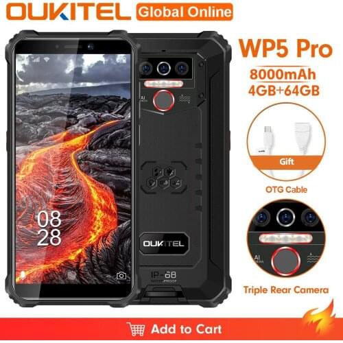 OUKITEL WP5 Pro IP68 Waterproof Smartphone 8000mAh Android 10 Triple Camera Face/Fingerprint ID 5.5 Inches 4GB 64GB Mobile Phone