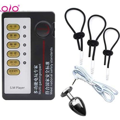 OLO Electro Shock Anal Plug Penis Ring Trainer Massage Cup Penis Stimulator Masturbation Delay Training Electric Shock Sex Toy