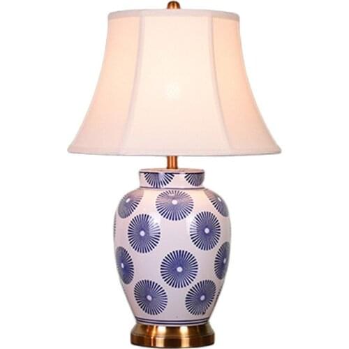 American Style Blue Round Pattern Ceramic Table Lamp For BedRoom Bedside Living Room Foyer Study Desk Reading Night Light LD176