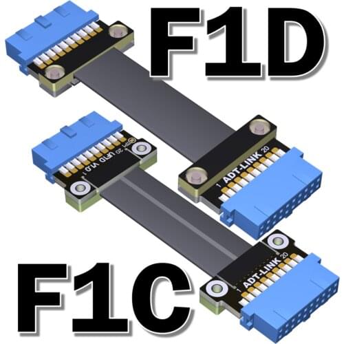 ADT-Link USB 3.0 19/20Pin Male To Male Flat Ribbon Extension Cable Cord Up Down Angled 90 Degree For Motherboard Internal 5Gbps