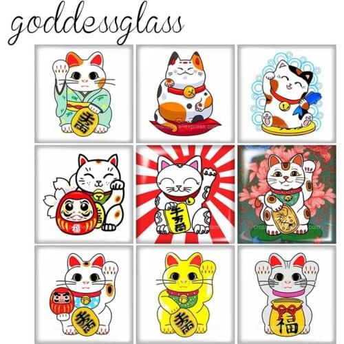 Japanese Maneki Neko Ceramic Lucky Cat 10pcs mixed 12mm/20mm/25mm/30mm Square photo glass cabochon demo flat back Making finding