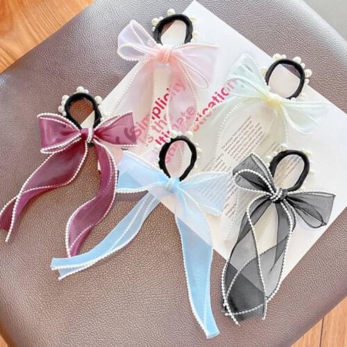 New Women Elegant Pearls Chiffon Ribbon Bow Scrunchie Hair Tie Sweet Hair Decorate Hair Bands Headband Fashion Hair Accessories