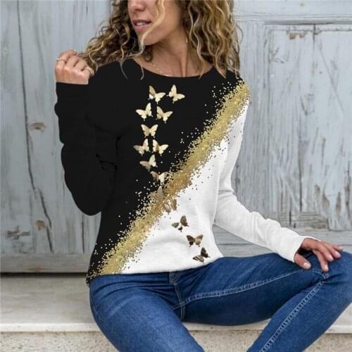 Women Fashion Butterfly 3D Print T-Shirt Womens Clothing 2021 Autumn Long Sleeve Vintage Tops Ladies Oversize Casual Tee Shirt