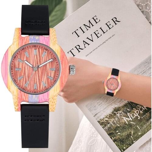 Colorful Bamboo Case Wooden Watch Simple Luminous Pointers Dial Genuine Leather Band Wooden Watches for Women Female Gifts 2019