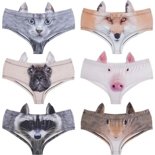 Women Cute Animals Pattern Panties 3D Printing Pig Cat Cute Briefs Bull Dog Cheetah with Ears Lift Up Waist and Hip Sexy Panties