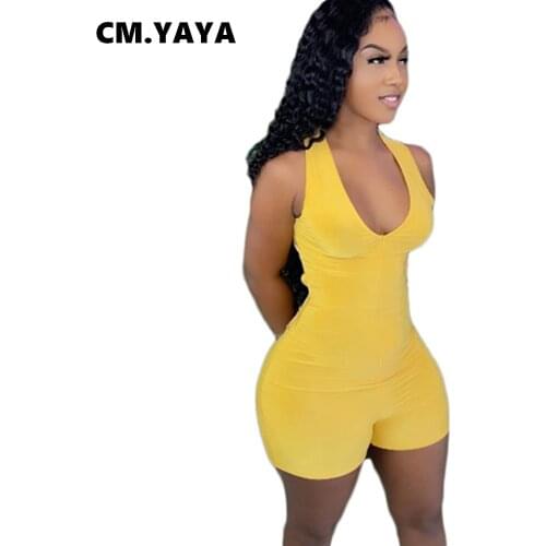 CM.YAYA Women Playsuit Solid Sleeveless V-neck Bandage Back Hollow Out Stretchy Bodycon Playsuits Fashion Rompers Summer Outfits