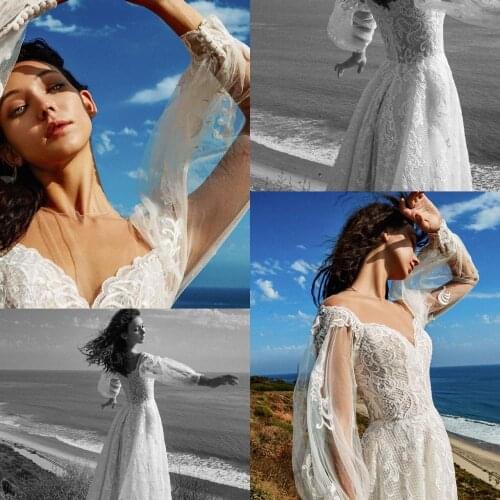 2020 Lantern Sleeve Wedding Dresses Tulle Lace Applique A-Line Vestido De Noiva Custom Made Bridal Dress