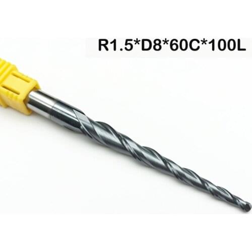 2F HRC55 8mm Taper Ball Nose End Mill cone R1.5*D8*60*100L