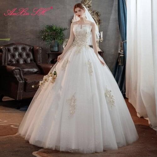 AnXin SH princess champagne flower white lace wedding dress vintage strapless beading crystal sleeveless bride wedding dress