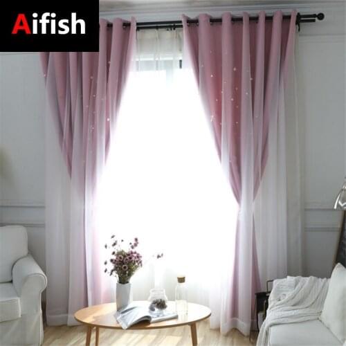 Korean-Style Hollow Stars Double-Layer Blackout Curtains Living Room Study Bedroom Cloth Yarn Integrated Custom Curtains M227T4