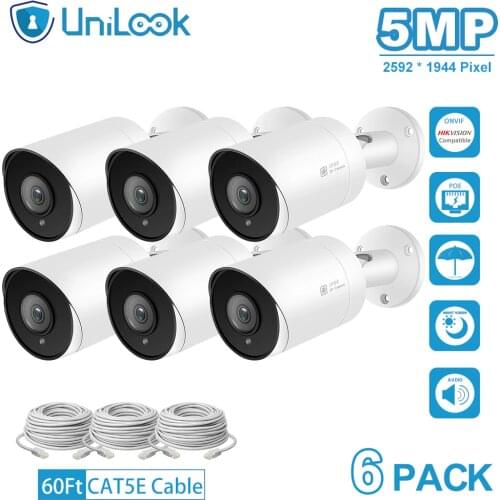 UniLook 5MP POE IP Camera with SD Card outdoor CCTV Security Camera onvif IP66 H.265 Audio Microphone Bullet camera 6Pack