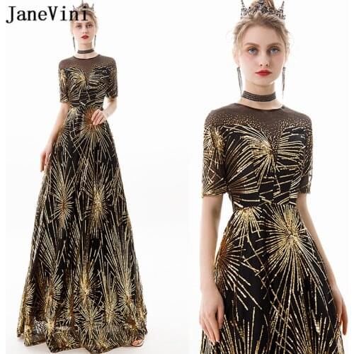 JaneVini Sexy A Line Black and Gold Prom Dresses 2019 Short Sleeves Sparkle Sequined Illusion Back Long Party Gowns Gala Jurken