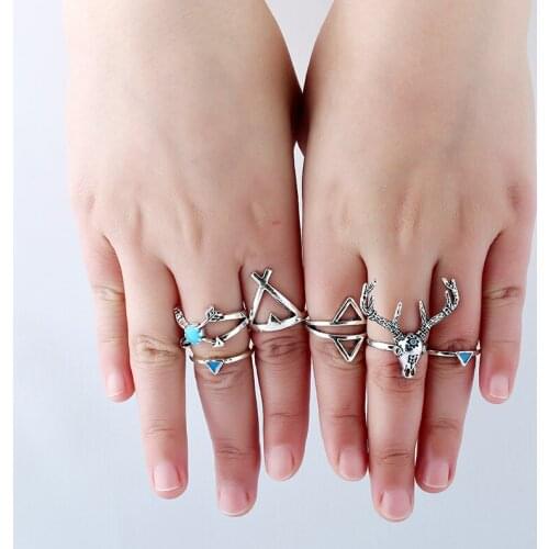 Deer Head Suit Rings Arrow Triangle Geometric Pattern Six Pieces/Set Enamel Antique Finger Rings European Style Trendy