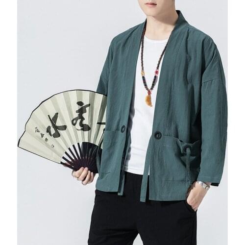 #7908 Summer Japanese Style Kimono Shirt Men Cardigan Cotton Linen Shirt Pockets Sunscreen Casual Vintage Shirt Male Streetwear