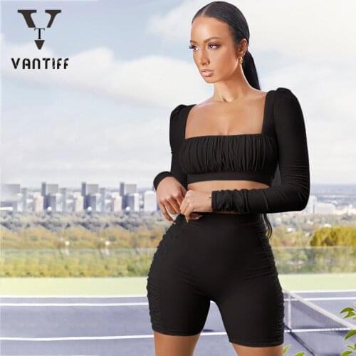 Bodycon Crop Tops Gothic Long Sleeve Slim Tshirt Mid-pants Suit Womens Pleated Square Collar Long-sleeved Top Two-piece Set