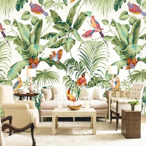 Custom Self-adhesive Wallpaper Hand Painted Flower Bird Green Leaf Mural Waterproof Canvas Painting For Living Room Wall Art