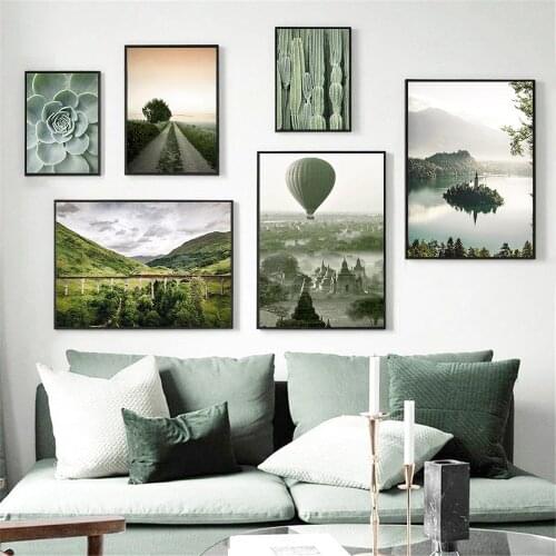 Lake Landscape Posters And Prints Mountain Nature Canvas Painting Hot Air Balloon Art Poster Cactus Wall Art Pictures Home Decor